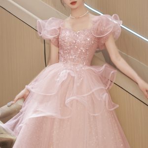 Pink Tulle Sequins Long Formal Dresses, Beautiful Short Sleeve Evening Dresses viviyshop.com