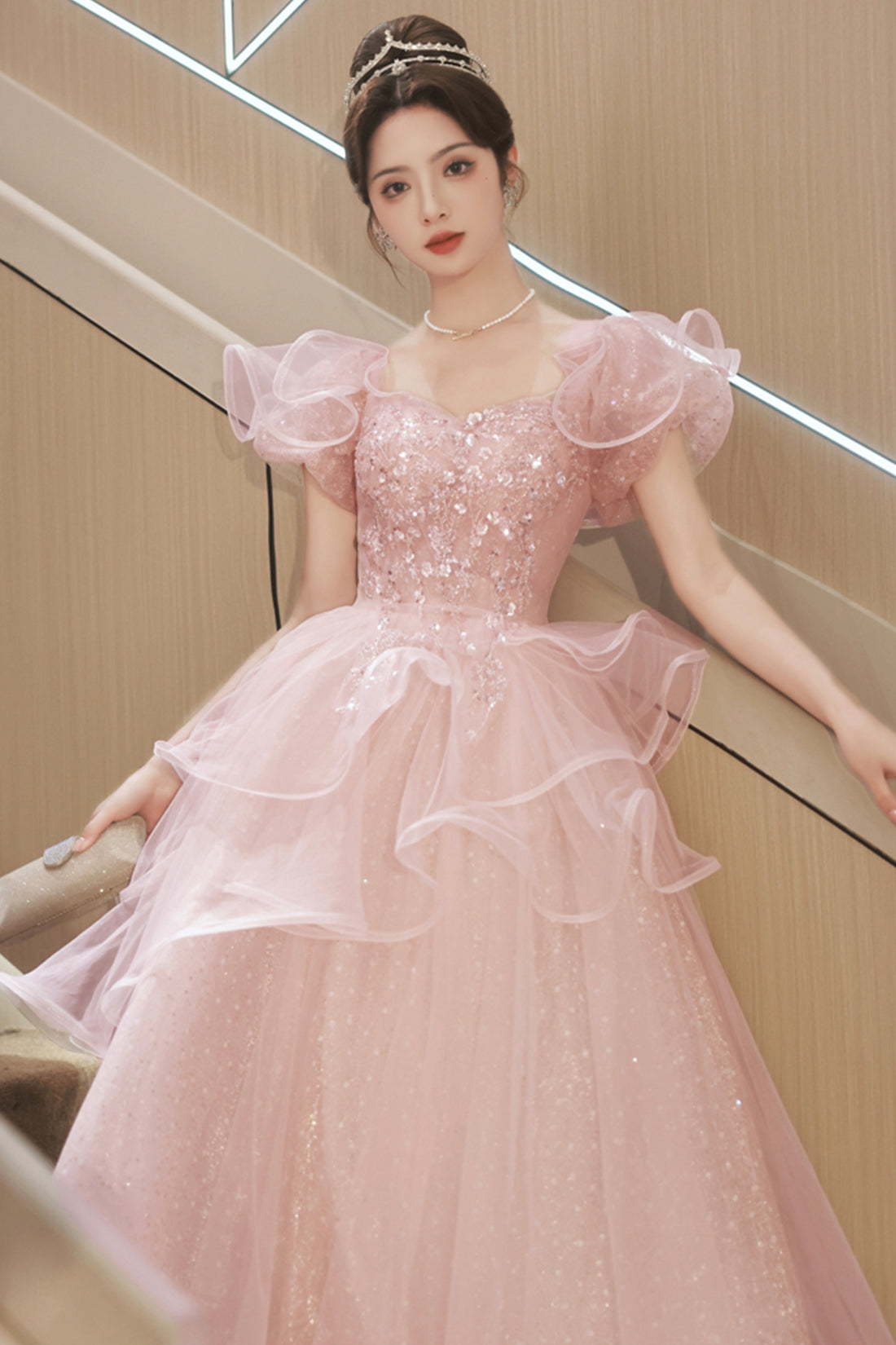 Pink Tulle Sequins Long Formal Dresses, Beautiful Short Sleeve Evening Dresses viviyshop.com