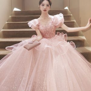 Pink Tulle Sequins Long Formal Dresses, Beautiful Short Sleeve Evening Dresses viviyshop.com