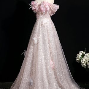 Pink Tulle Sequins Long Prom Dress, A-Line Off the Shoulder Party Dress viviyshop.com