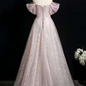 Pink Tulle Sequins Long Prom Dress, A-Line Off the Shoulder Party Dress viviyshop.com