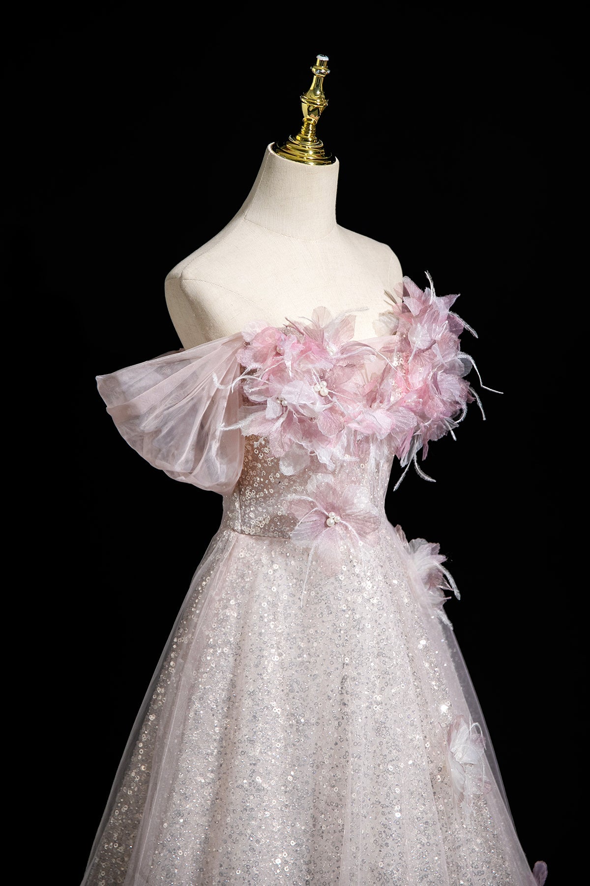 Pink Tulle Sequins Long Prom Dress, A-Line Off the Shoulder Party Dress viviyshop.com