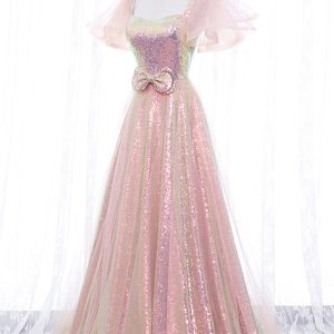 Pink Tulle Sequins Long Prom Dress, Cute Short Sleeve Evening Dress viviyshop.com