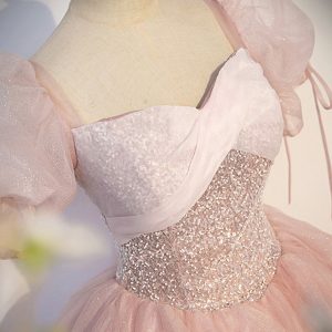 Pink Tulle Sequins Long Prom Dress, Lovely A-Line Short Sleeve Evening Party Dress viviyshop.com