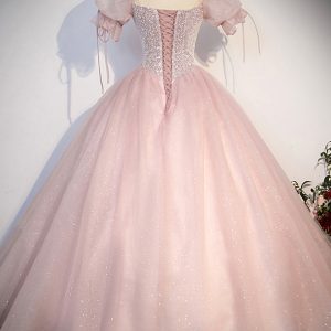 Pink Tulle Sequins Long Prom Dress, Lovely A-Line Short Sleeve Evening Party Dress viviyshop.com