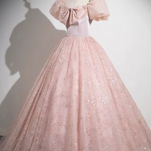 Pink Tulle Sequins Long Prom Dress, Beautiful A-Line Party Dress viviyshop.com