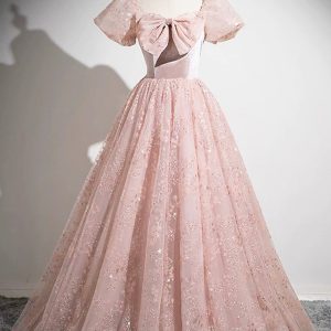 Pink Tulle Sequins Long Prom Dress, Beautiful A-Line Party Dress viviyshop.com